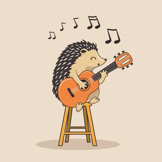 hedgehog playing guitar on stool with musical notes