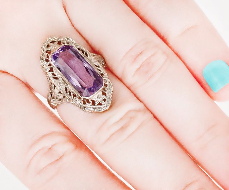 Antique Ring Antique Amethyst Ring-14k White Gold - Etsy Art Deco Oval Purple Amethyst Ring, Purple Amethyst Art Deco Ring For Formal Occasions, Formal Art Deco Purple Amethyst Ring, Art Deco Purple Amethyst Ring For Formal Occasions, Purple Amethyst Art Deco Ring For Anniversary, Art Deco Purple Amethyst Ring, Art Deco Purple Amethyst Ring For Anniversary, Purple Hallmarked Art Deco Amethyst Ring, Antique Purple Amethyst Ring With Accent Stones