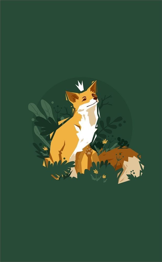 a fox sitting in the grass surrounded by leaves and flowers on a dark green background