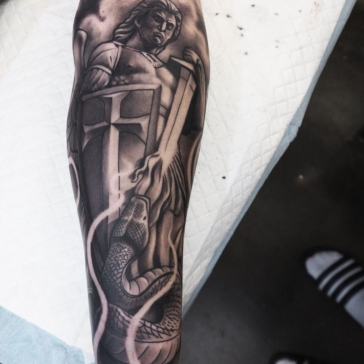 Feather Tattoo Arm, St Michael Tattoo, Tattoo Ideas For Guys, Michael Tattoo, Scripture Tattoos, Archangel Tattoo, Christian Sleeve Tattoo, Full Sleeve Tattoo Design, Men Tattoos Arm Sleeve