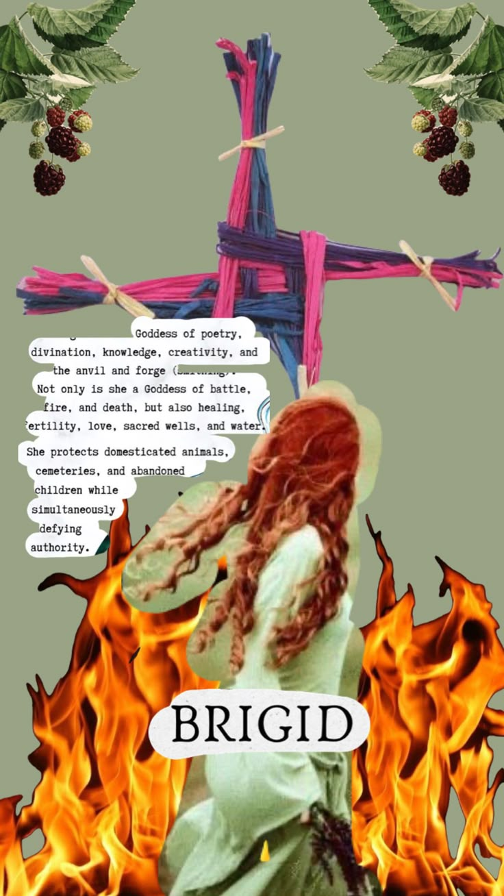 a woman with long hair standing in front of a cross on fire and the words brigd above her