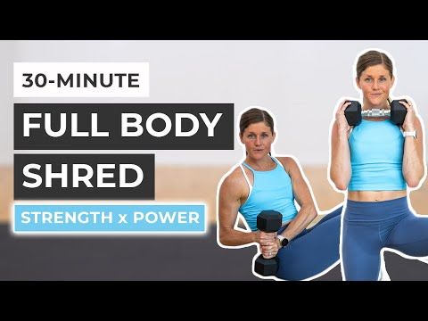 the full body shred workout is shown with an image of two women holding dumbbells