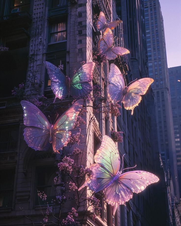 several purple butterflies are hanging from the side of a tall building in new york city