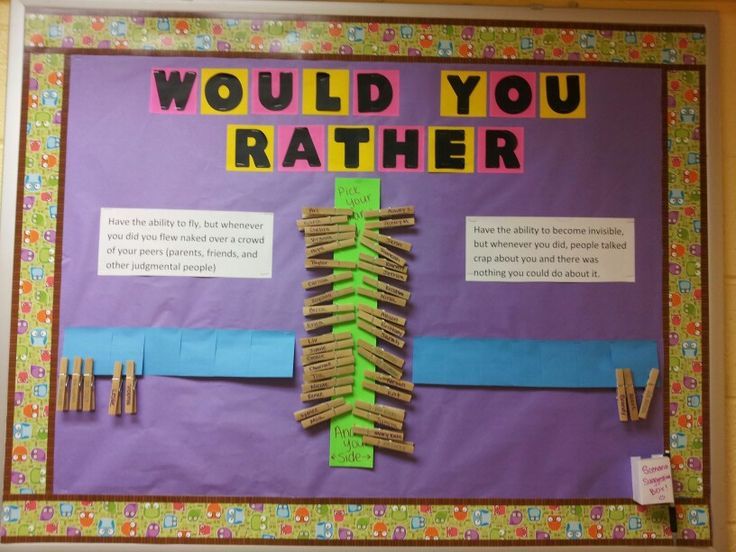 a bulletin board with clothes pins attached to it that says, would you rather?