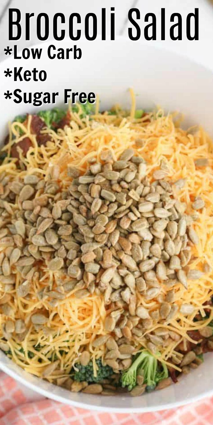 broccoli salad with low carb keto and sunflower seeds in a white bowl