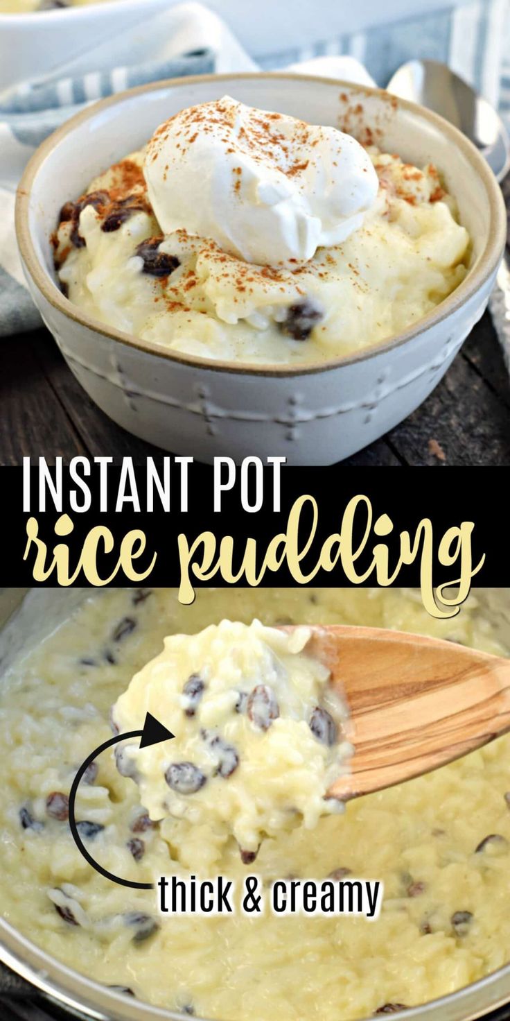 two pictures showing how to make an instant pot rice pudding with cream and chocolate chips