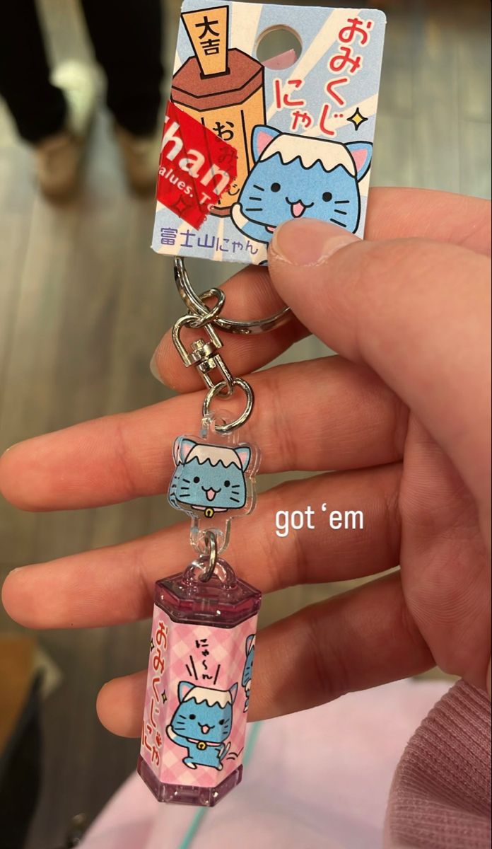 a hand holding a small bottle shaped keychain with an image of a cat on it