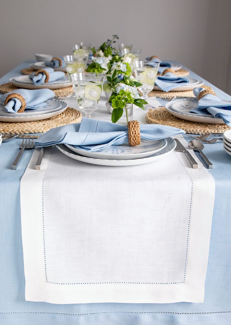 PRICES MAY VARY. 100% Pure European Flax Linen Table Runner - Classic Hemstitch | Handcrafted By Skilled Artisans Size - 14 x 132 Inch Long Table Runner; Color - White | Available in Variety of Sizes and Colors Easy Care - Machine Washable, Low Iron as Needed, Steam Iron for a crisp look. The beauty of each pure linen piece is the natural fibers and classic aesthetic that mellows with each washing, betters with age and requires minimal care Like all fine linens and textiles, each batch of our li Extra Long Table Runners, Navy Table Runner, White Linen Table, Dining Table Runner, Plaid Napkins, Green Table Runner, Blue Table Runner, Table Runner Size, Dining Table Runners