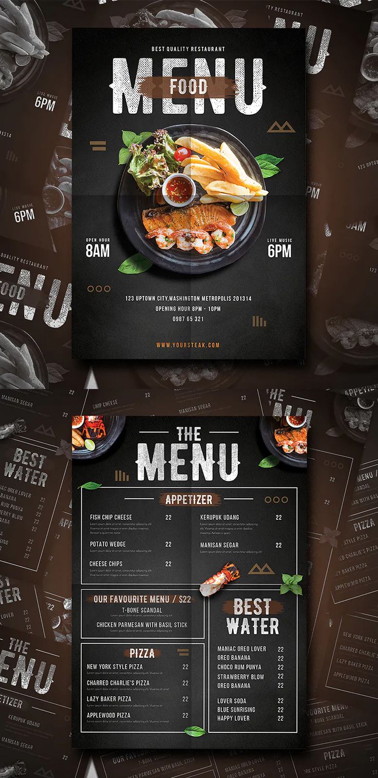 a restaurant menu is shown on a dark background with black and white lettering that reads the menu