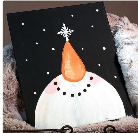 a painting of a snowman with a hat on it's head sitting in a basket