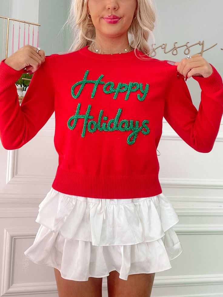 Happy Holidays Red Sparkle Sweater | Sassy Shortcake Crazy Christmas Sweaters, Preppy Christmas Outfit, Sassy Shortcake, Xmas Sweaters, Business Expansion, Pants Gift, Preppy Christmas, Sparkle Sweater, Preppy Clothes