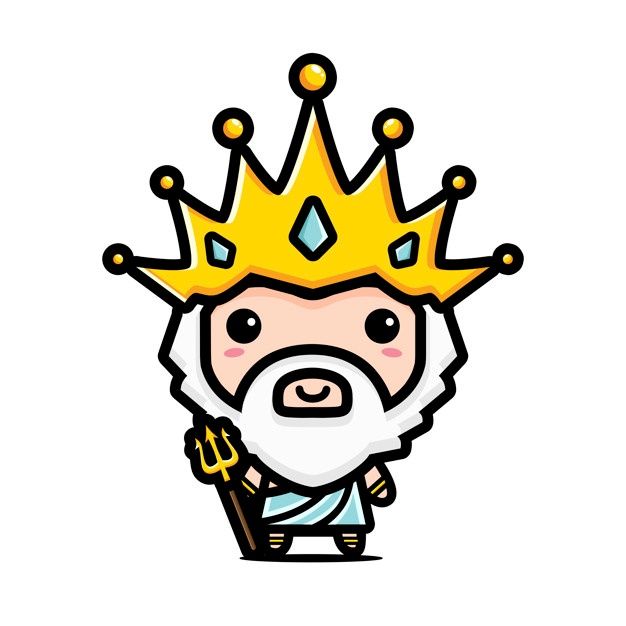 a cartoon character wearing a crown and holding a staff with both hands on his chest