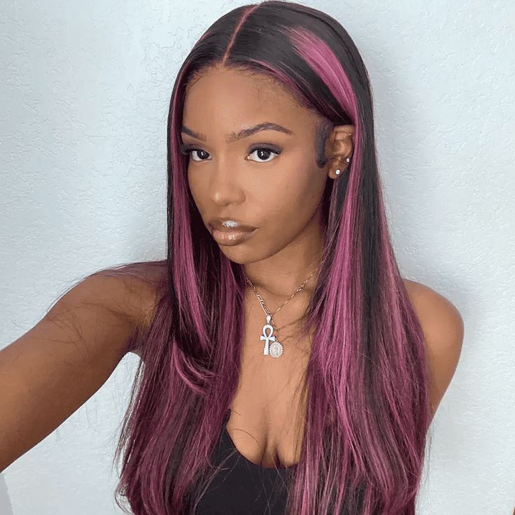 Black Hair With Purple Highlights, Black Hair With Purple, Hair With Purple Highlights, Pink Peekaboo Highlights, Hair With Purple, Purple Hair Highlights, Lace Closure Hairstyles, Purple Highlights, Black Hair With Highlights