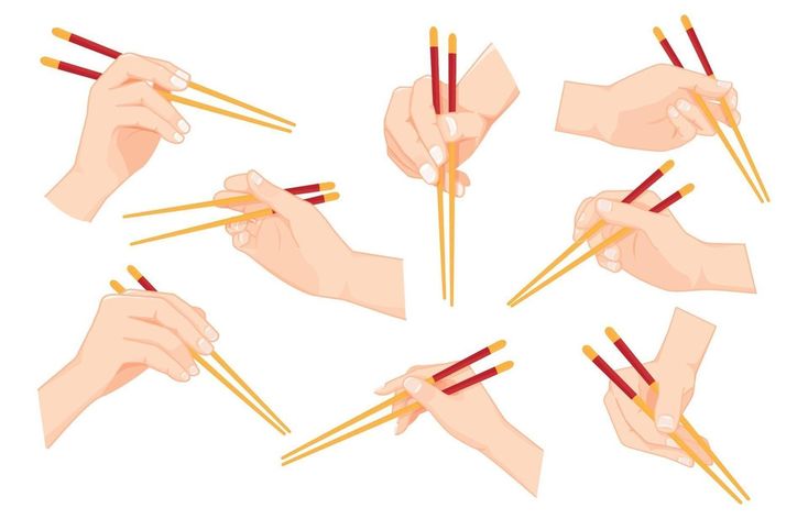 the hands are holding chopsticks in different positions