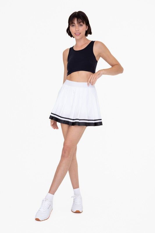 White/Black Stripe Pleated Tennis Skirt Cheerleading Mini Skirt Bottoms With Built-in Shorts, Cheerleading Skirt With Built-in Shorts, High Waist Shorts For Cheerleading In Summer, Summer Tennis Skirt For Cheerleading, Casual Black Tennis Skirt For Cheerleading, Black Short Pleated Skirt For Summer, Black Pleated Short Skirt For Summer, Black Short Length Pleated Skirt For Summer, Black Cheerleading Bottoms Short Length