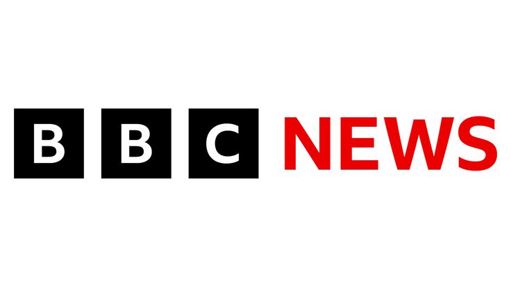 the bbc news logo is shown in red, black and grey letters on a white background