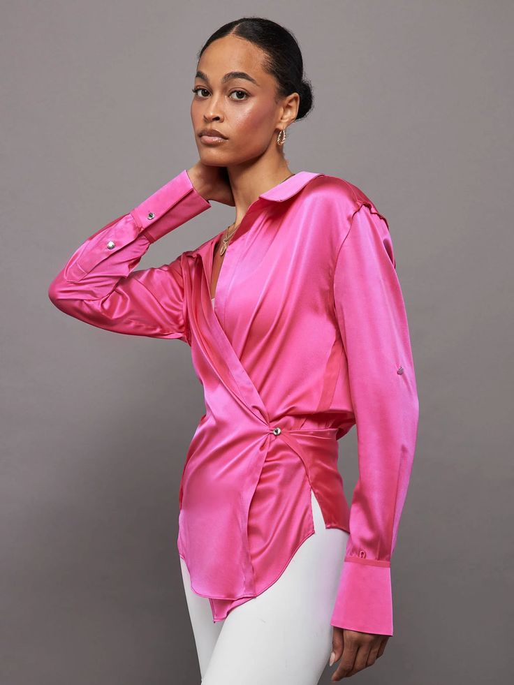 RAINES SILK SHIRT - FUCHSIA – Carbon38 Pink Satin Blouse For Night Out, Chic Pink V-neck Shirt, Pink Silk Shirt For Spring, Pink Satin Top For Work, Chic Silk Party Shirt, Silk Party Tops With Button Cuffs, Silk Tops With Button Cuffs For Party, Silk Party Top With Button Cuffs, Pink Long Sleeve Satin Top