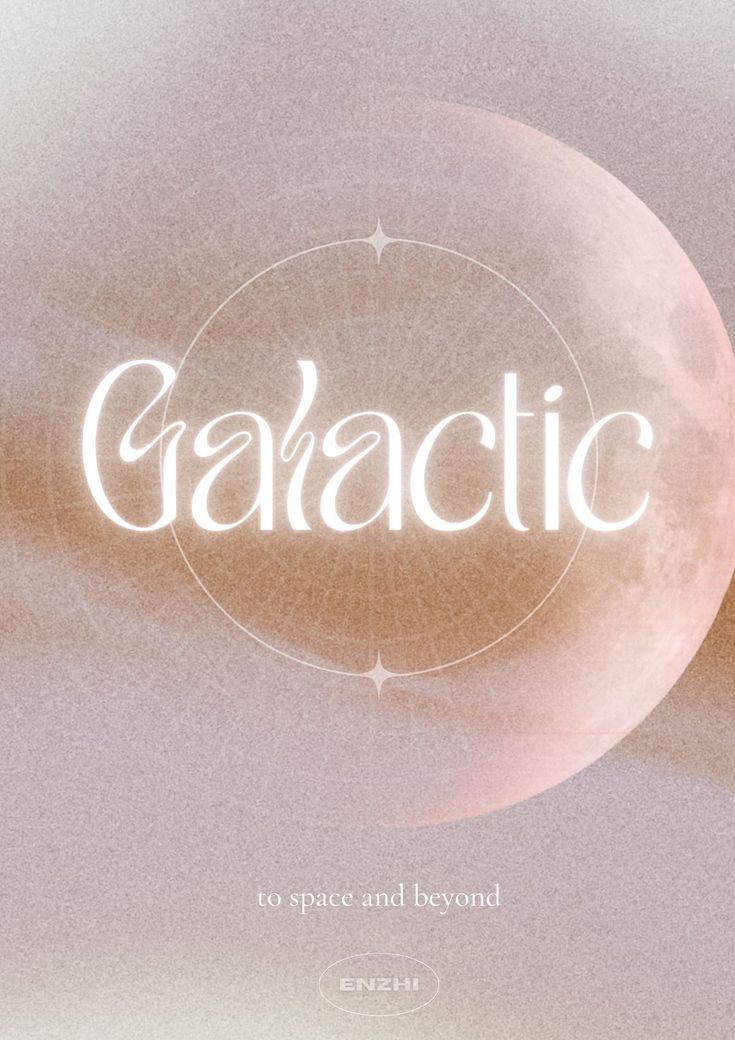 the word galactic is written in white on a pink and gray background with an orange circle