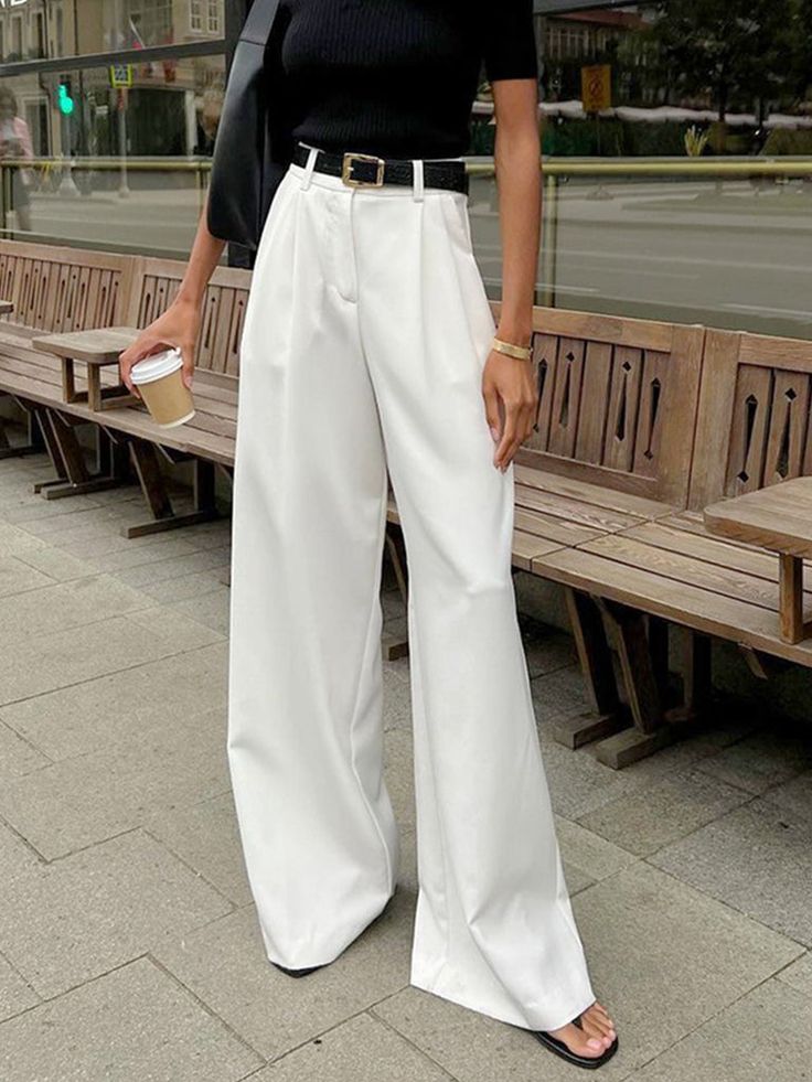 Solid Wide Leg Pants Without Belt Elegantes Outfit Damen, Outfit Elegantes, Street Punk, Vintage Preppy, Punk Vintage, Y2k Outfits, Trouser Style, Pantalon Large, Tailored Pants