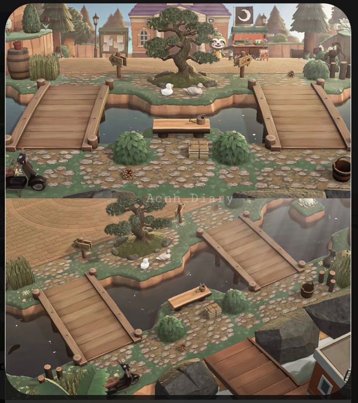 two screens show the same scene as they appear to be in an animated environment with trees, water and buildings