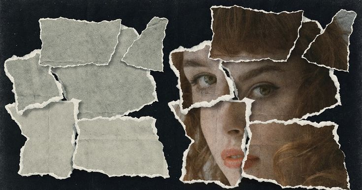 torn up pieces of paper with a woman's face