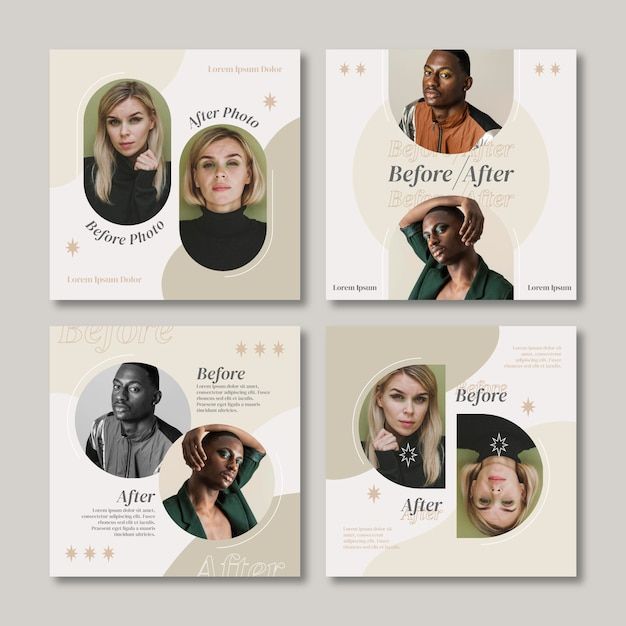 four brochures with different images of people