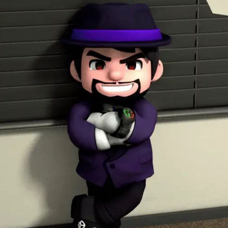 an animated man in a purple suit and hat leaning against a wall with his arms crossed