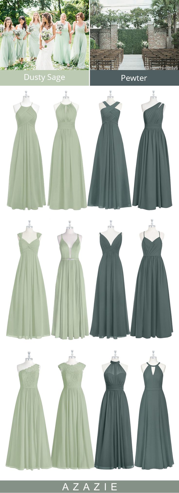 the bridesmaid dresses are all different colors and sizes