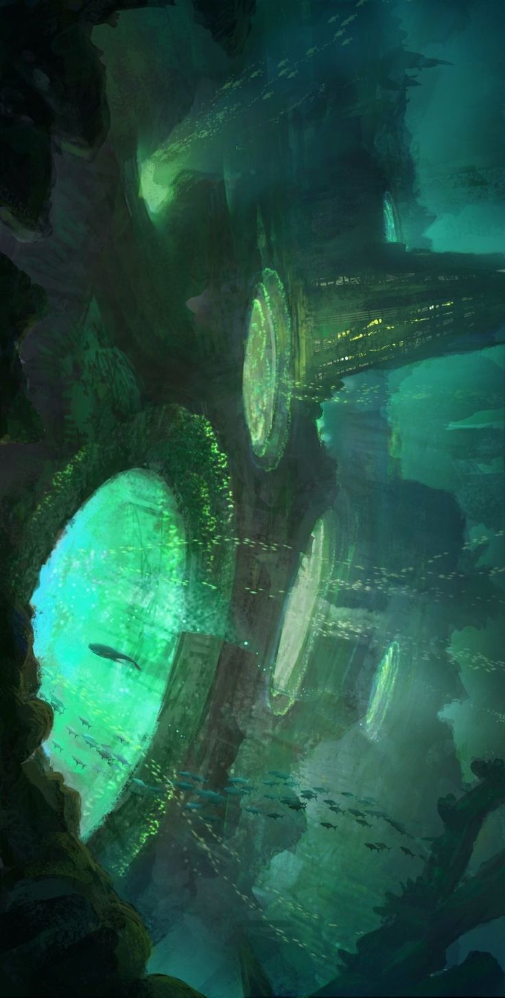 an underwater scene is shown in this digital art work, with green and blue hues