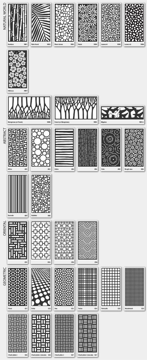 a large number of different patterns on a white background with black and white lines in the middle