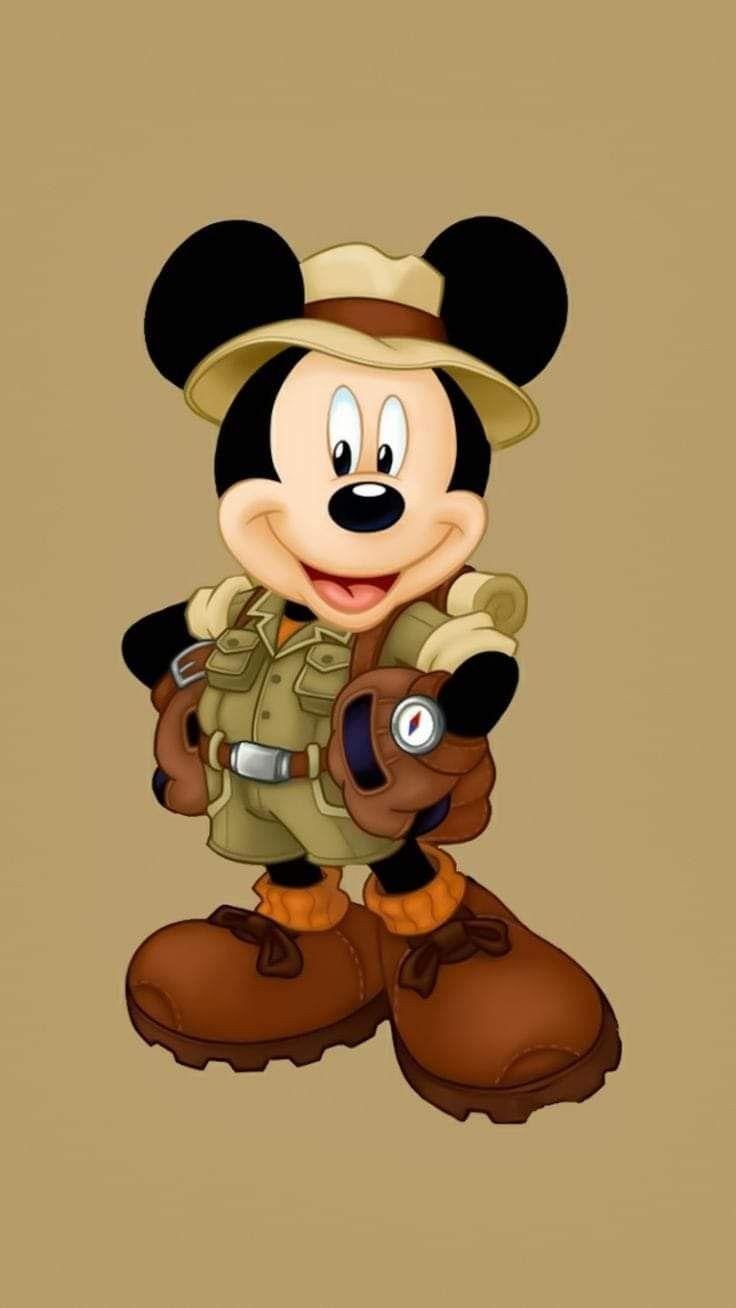 a cartoon mickey mouse with a backpack and hat on it's head, standing in front of a brown background