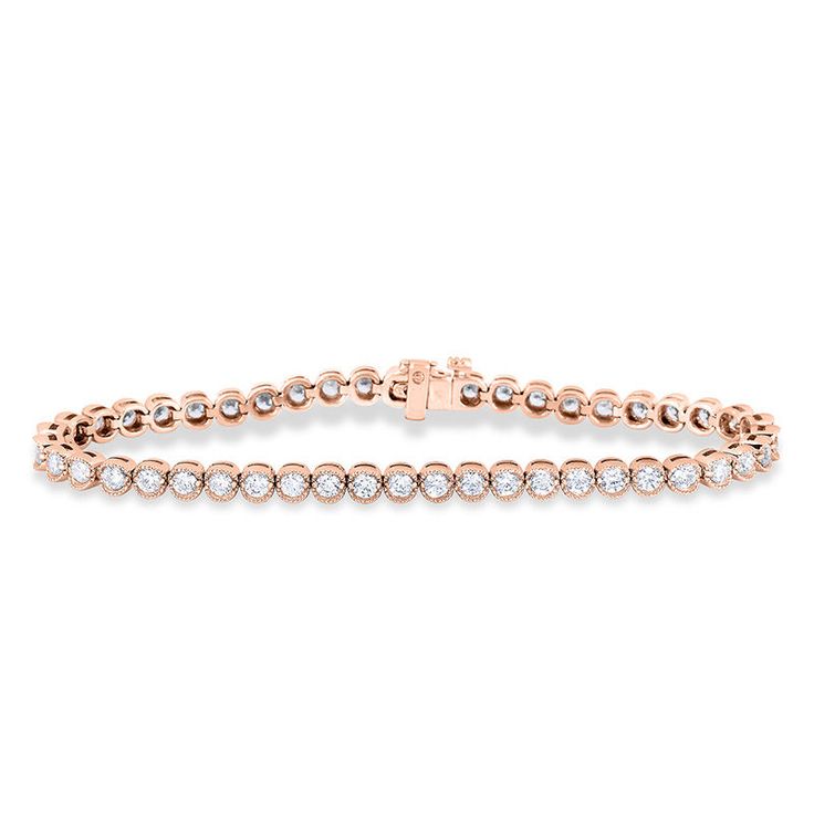 2 CT. T.W. Diamond Vintage-Style Tennis Bracelet in 14K Rose Gold Rose Gold Tennis Bracelet With Diamond Accents, Timeless Rose Gold Diamond Bracelet With Prong Setting, Timeless Rose Gold Tennis Bracelet With Single Cut Diamonds, Rose Gold Round Cut Diamond Tennis Bracelet, Rose Gold Diamond Round Cut Tennis Bracelet, Rose Gold Diamond Tennis Bracelet With Round Cut, Rose Gold Diamond Bracelet With Round Cut Accents, Rose Gold Diamond Bracelet With Round Cut Diamond Accents, Rose Gold Diamond Bracelet With Bezel Setting