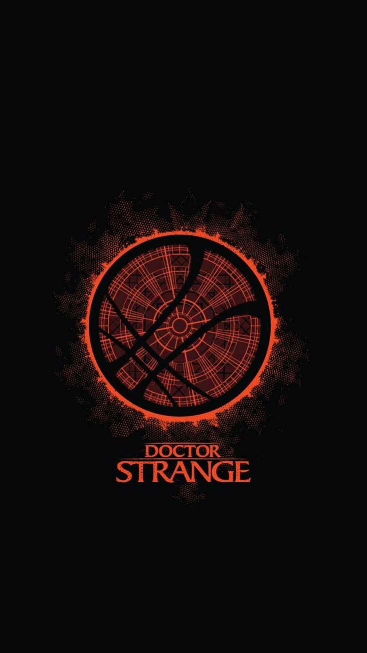 the doctor strange logo is shown in red and orange on a black background, with an abstract