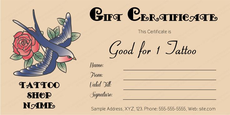 a tattoo gift certificate with an image of a bird and rose on the bottom of it