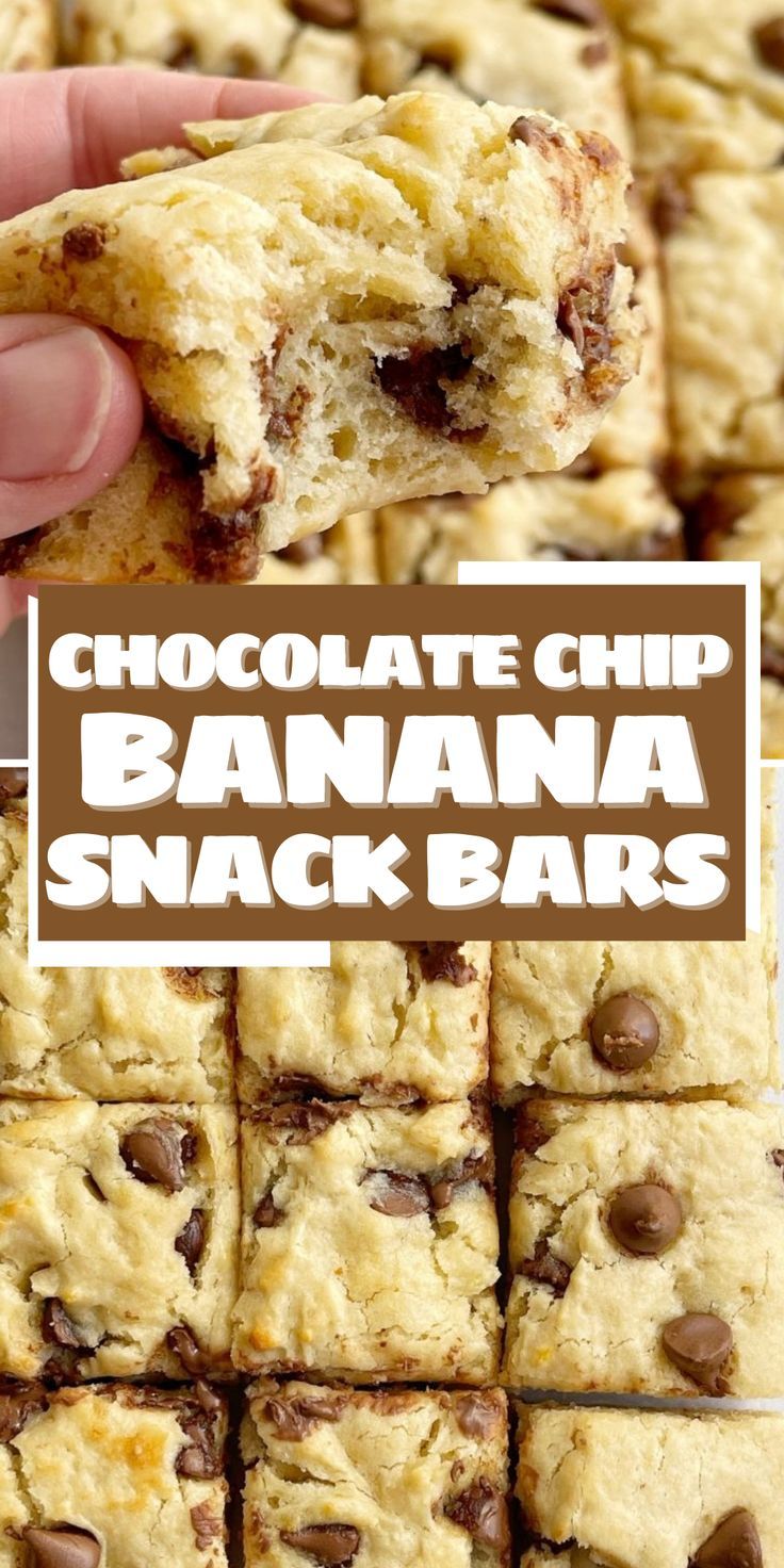 chocolate chip banana snack bars stacked on top of each other with text overlay that reads, chocolate chip banana snack bars