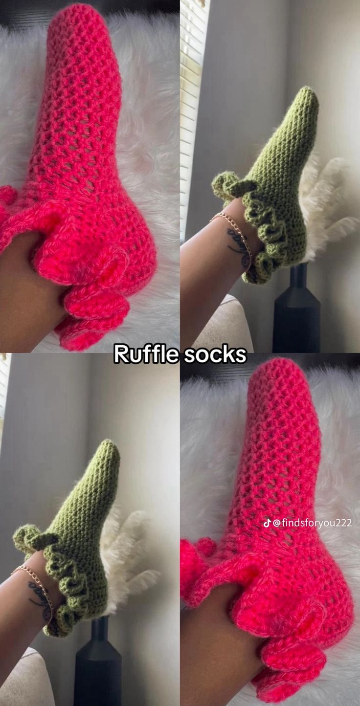 crocheted slippers with ruffles on the bottom, and in the middle