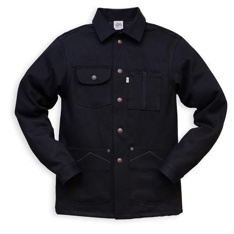 BLACK DENIM CHORE COAT – Railcar Fine Goods Black Cotton Outerwear With Patch Pockets, Black Outerwear With Patch Pockets And Relaxed Fit, Black Relaxed Fit Outerwear With Patch Pockets, Black Denim Outerwear With Patch Pockets, Black Outerwear With Patch Pockets For Everyday, Black Casual Outerwear With Contrast Stitching, Black Denim Workwear Outerwear, Classic Black Denim Outerwear, Black Cotton Outerwear With Contrast Stitching