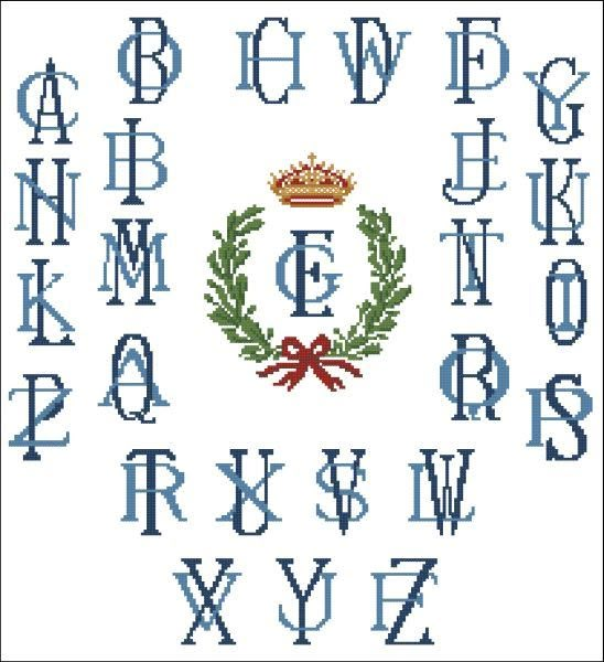 the cross stitch alphabet is decorated with a crown and laurel, surrounded by other letters