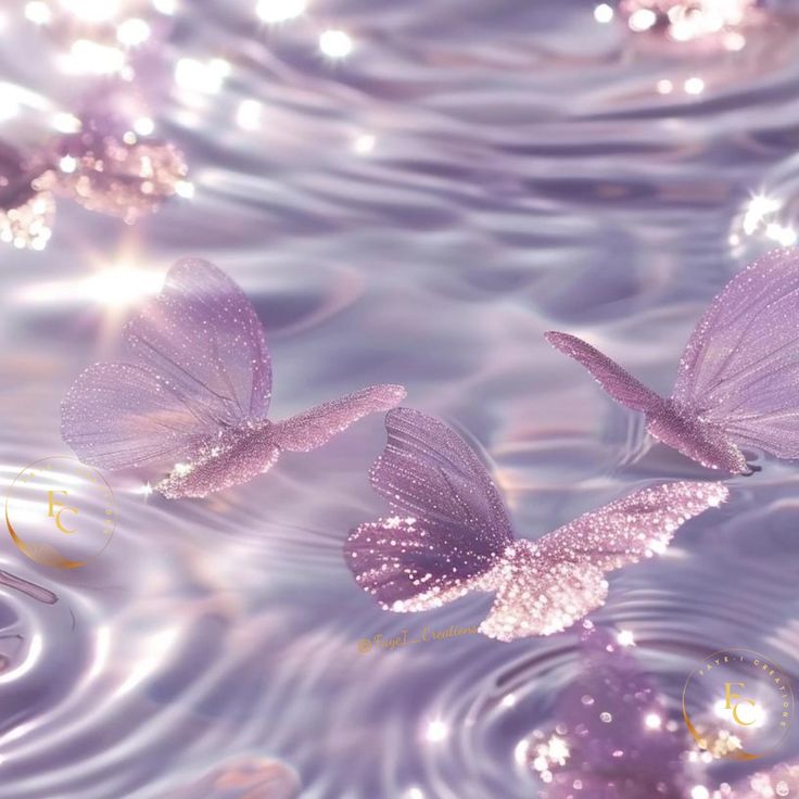 two purple butterflies flying over water with bubbles on the bottom and light shining in the background