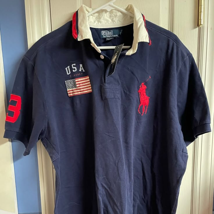 Mens Polo Ralph Lauren Usa Short Sleeve New With Tags Blue Casual Collared Polo Shirt, Blue Casual Polo Shirt, Clothes Must Haves, Usa Clothes, Country Jeans, Polo R, Polo Outfit, Usa Shorts, Casual Work Wear