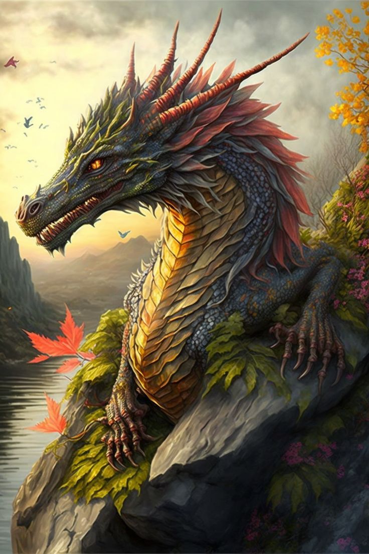 a dragon sitting on top of a rock next to water