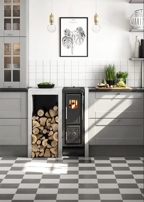 a stove top oven sitting inside of a kitchen next to a pile of firewood