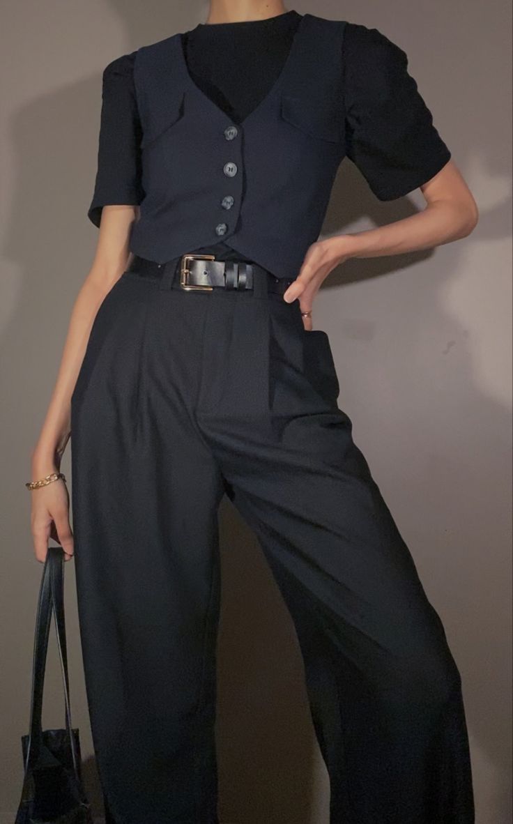 Semi Formal Outfits Gender Neutral, Shirt With Dress Under It, Pants And Corset Outfit Elegant, Business Casual Vest Women, Elegant Masculine Outfit Women, Black Suit Vest Outfit Women, Vest Formal Outfit, Black Vest Outfits For Women Work, College Professor Outfits