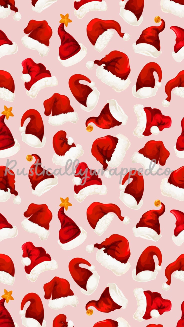 red and white santa claus hats on a light pink background with gold stars in the middle