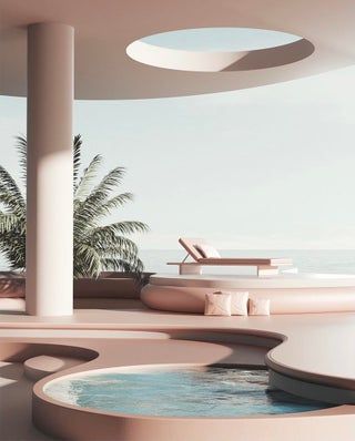 an artistic rendering of a pool with lounge chairs and palm trees on the beach side