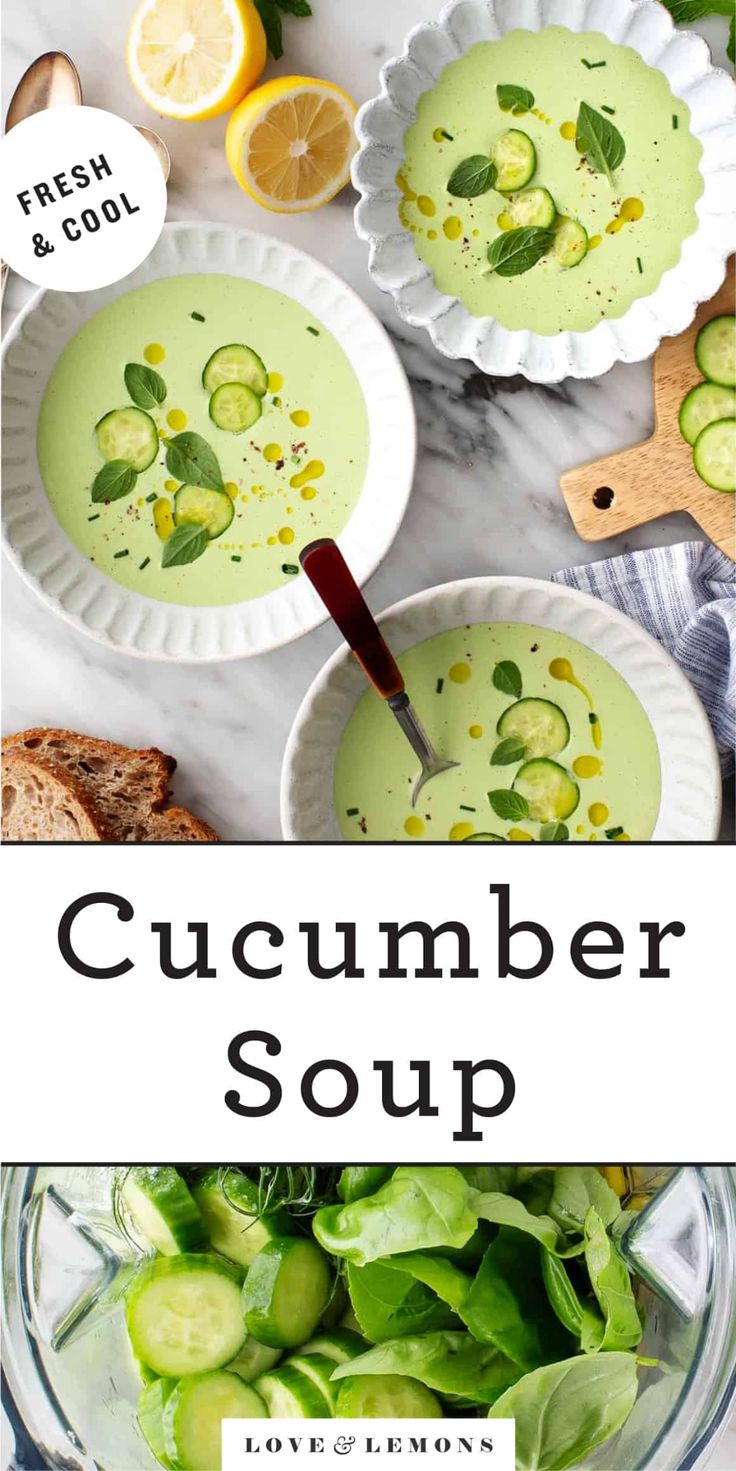 cucumber soup in a bowl with lemons and fresh basil on the side