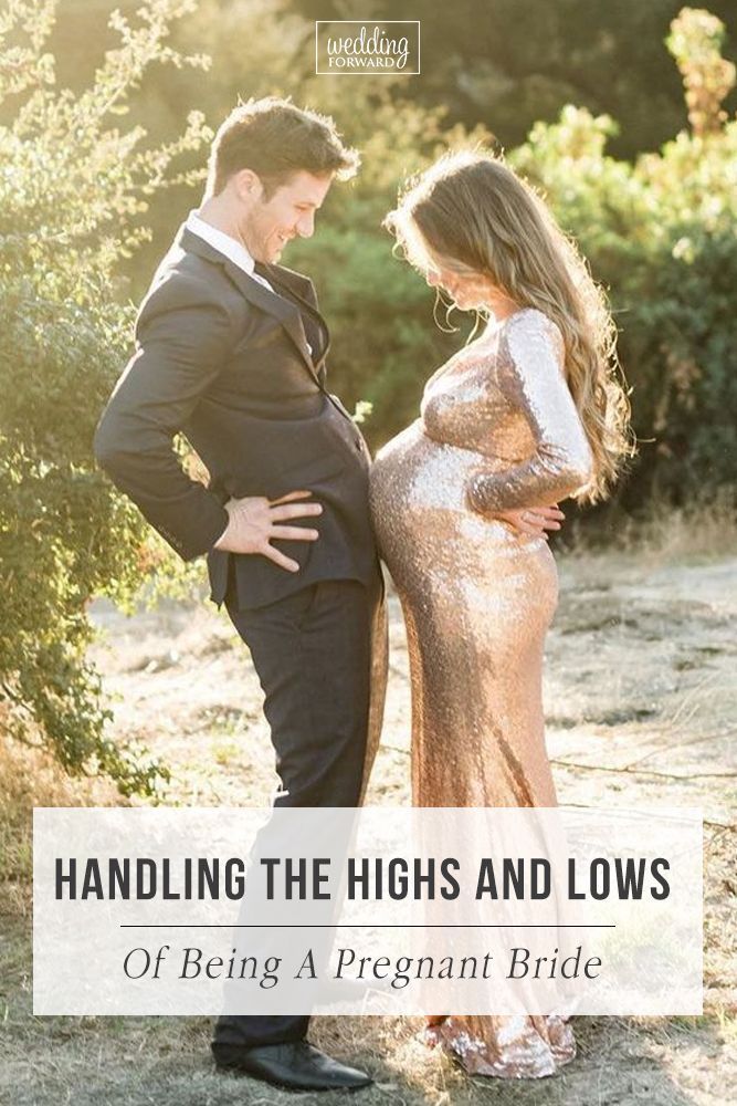 a pregnant couple standing next to each other with the text handling the high and lows of being a pregnant bride