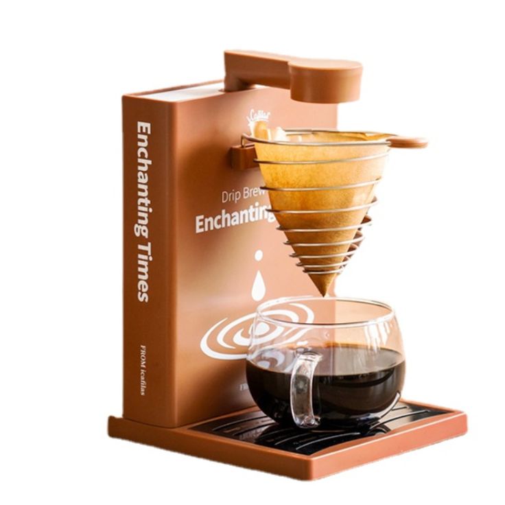 an espresso machine with coffee in front of it and a box on the side