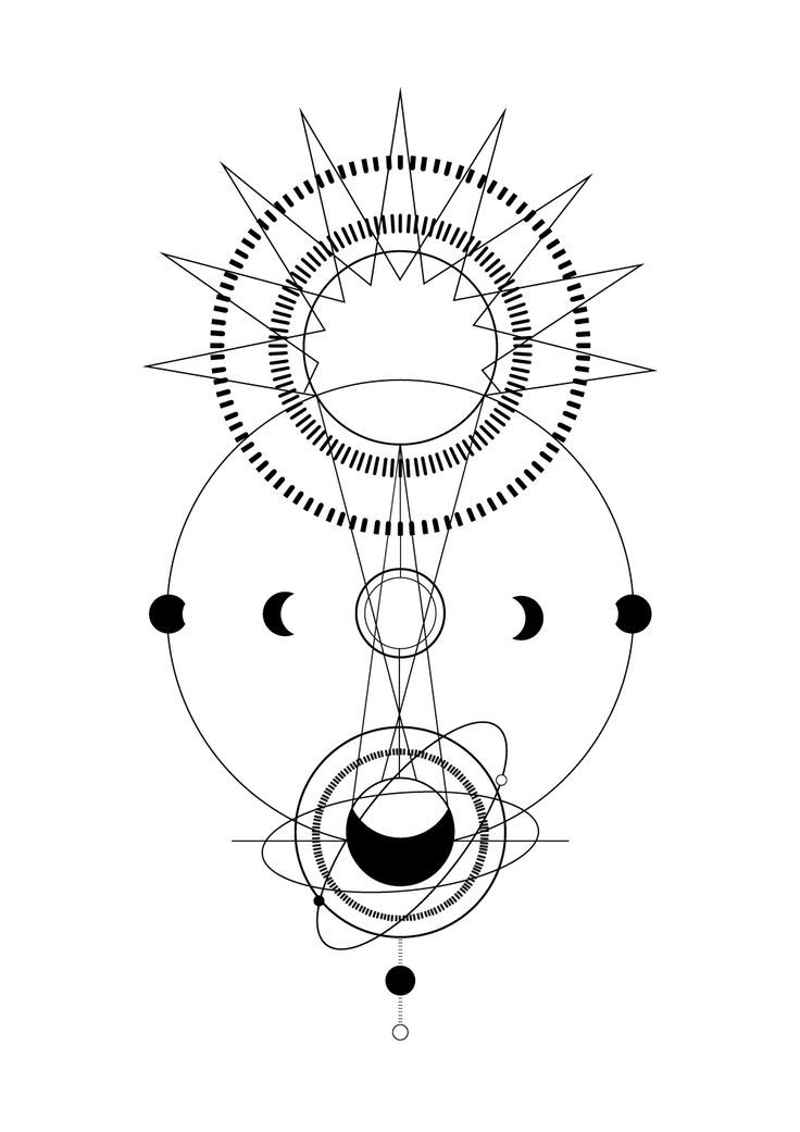 an abstract drawing with lines and circles in the shape of sun, moon and planets