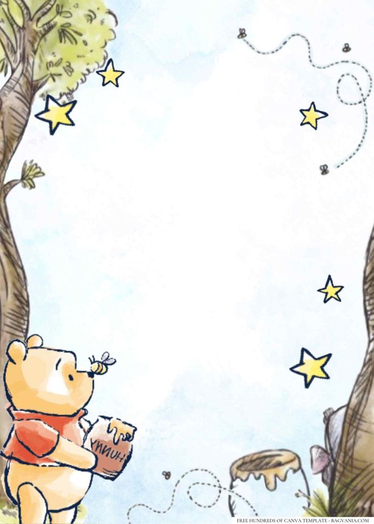 a drawing of a winnie the pooh bear holding a honey pot in front of some trees